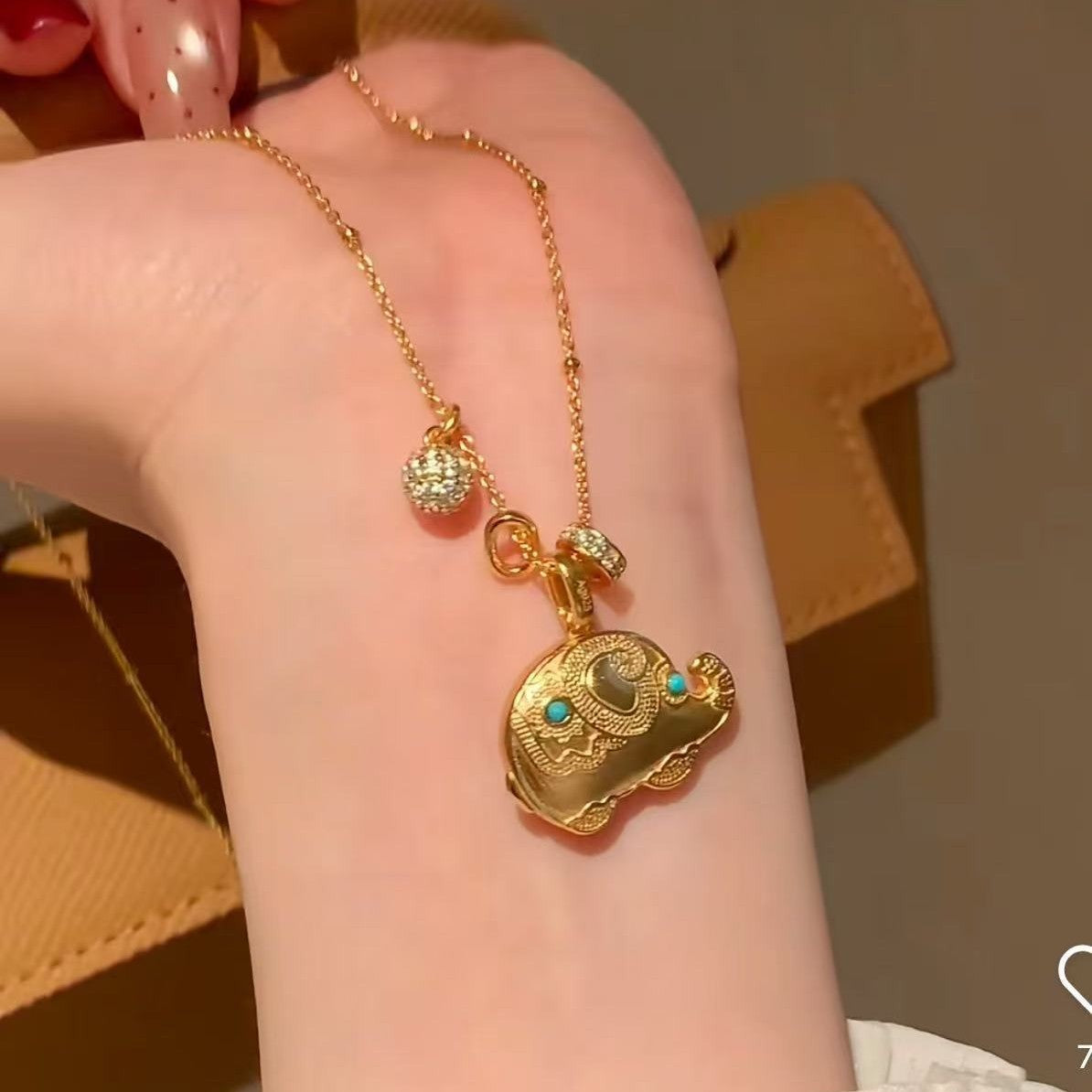 Pure Silver S925 Ethnic National Style Ancient Method Gold Elephant Turquoise Necklace Lucky Fortune Harvest Necklace Light Luxury Fashion