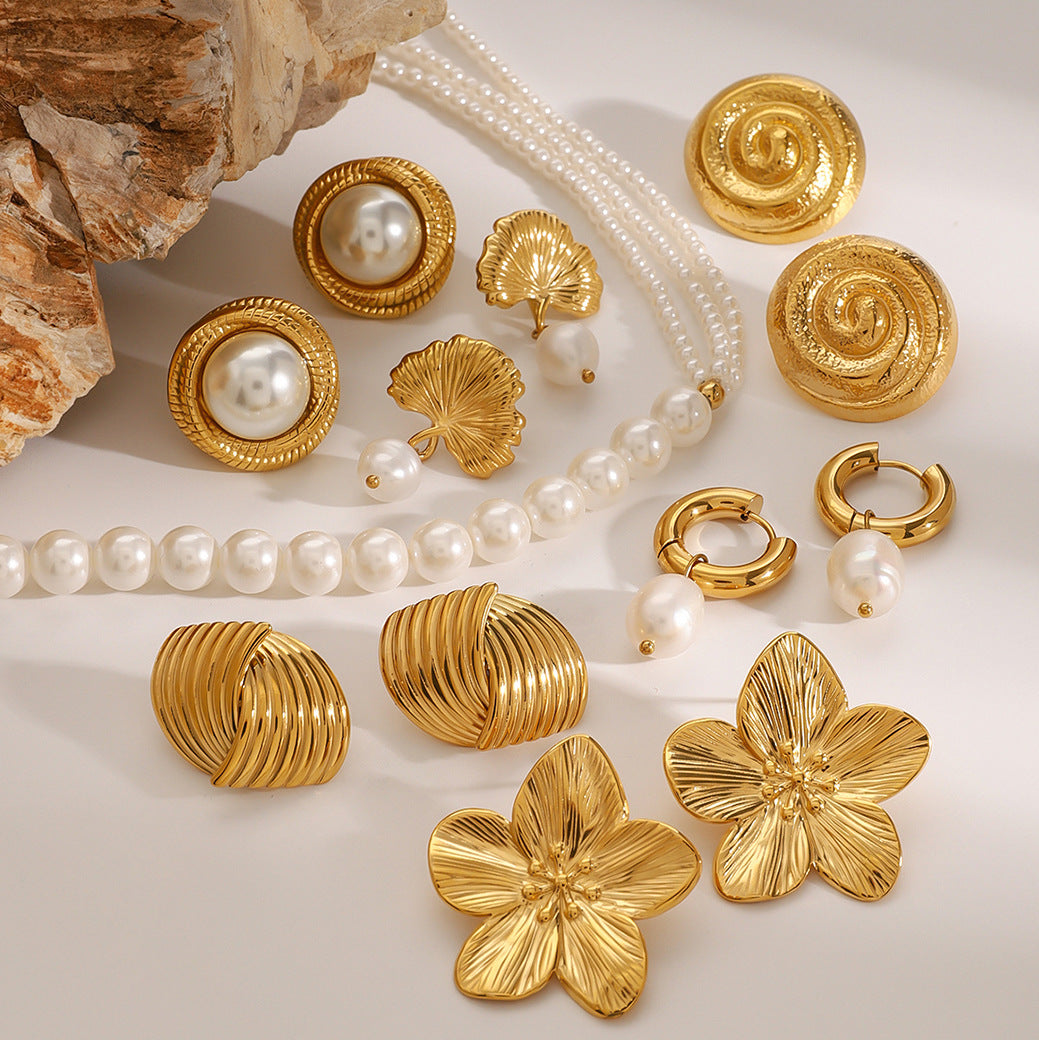 Stainless Steel Pearl Necklace High-end Exaggerated Flower Stud Earrings Titanium Steel Jewelry Earrings