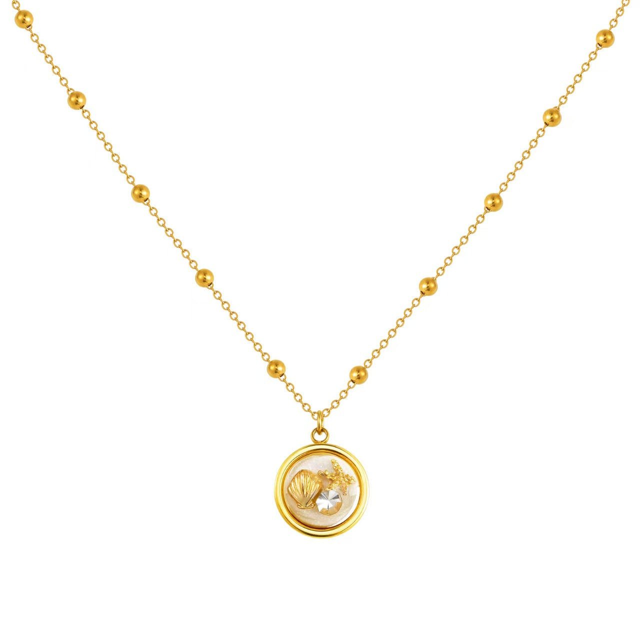 mermaid Ocean-Style Stainless Steel Bead-Separator Chain with Resin Round Pendant - Gold Beach Collarbone Chain