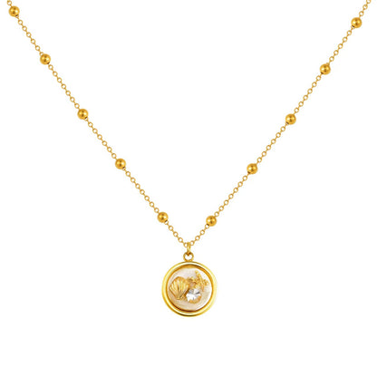 mermaid Ocean-Style Stainless Steel Bead-Separator Chain with Resin Round Pendant - Gold Beach Collarbone Chain