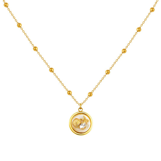mermaid Ocean-Style Stainless Steel Bead-Separator Chain with Resin Round Pendant - Gold Beach Collarbone Chain