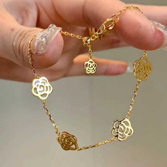 Vintage Style Pure Silver S925 Real Gold Plated Chanel Style Rose Flower Bracelet Push-Pull Adjustable Bracelet Necklace