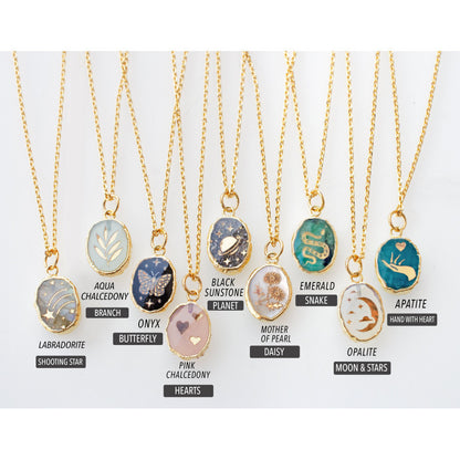 Handmade Natural Stone Gemstone Necklace Butterfly Star Moon Heart Snake Flower Planet Collarbone Chain Color Retention