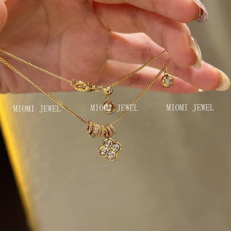S925 Sterling Silver Circle Running Ring Four-Leaf Flower Necklace Fashion Versatile Niche Collarbone Chain for Women