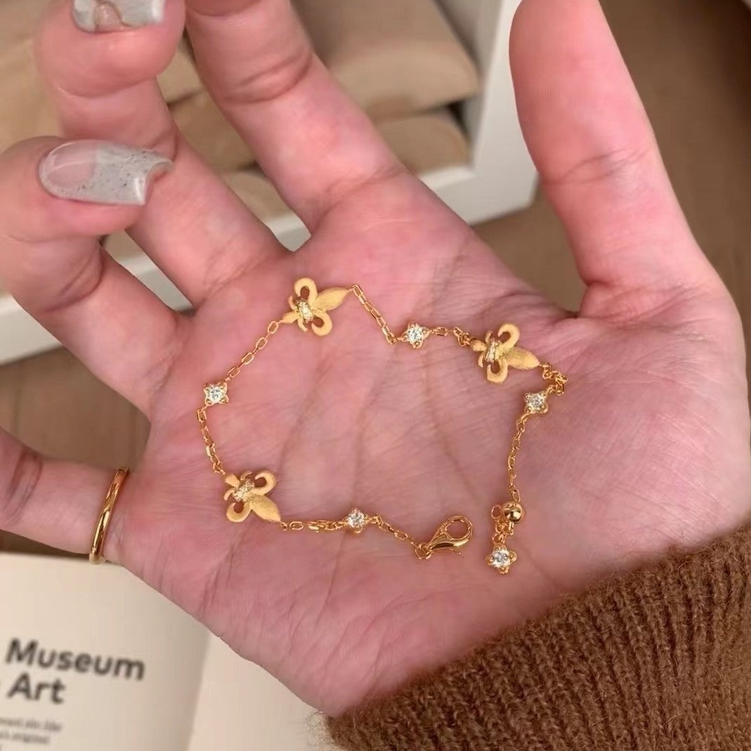 Italian Vintage Brushed Light Luxury High-End 925 Sterling Silver Iris Flower Brushed Reversible Push-Pull Bracelet