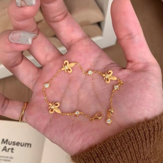 Italian Vintage Brushed Light Luxury High-End 925 Sterling Silver Iris Flower Brushed Reversible Push-Pull Bracelet