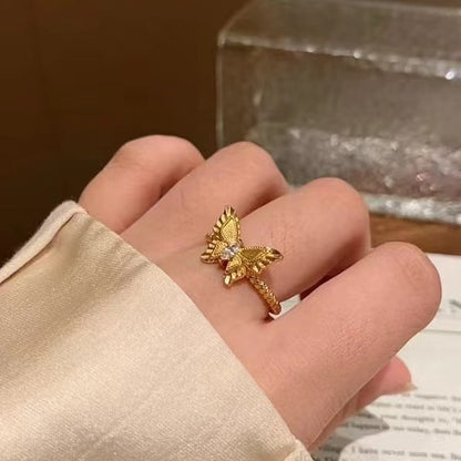 Italian Vintage Brushed Light Luxury High-End Plant Series 925 Sterling Silver Brushed Craft Butterfly Ring