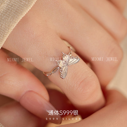 Banyan Tree S999 Pure Silver Summer Forest Style Butterfly Ring for Women High-end Elegant Hot-selling Index Finger Ring Pure Silver Gift