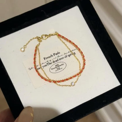 Pure Silver S925 Red Rope Layered Bracelet Adjustable Length High-end Design Niche Versatile Zodiac Year