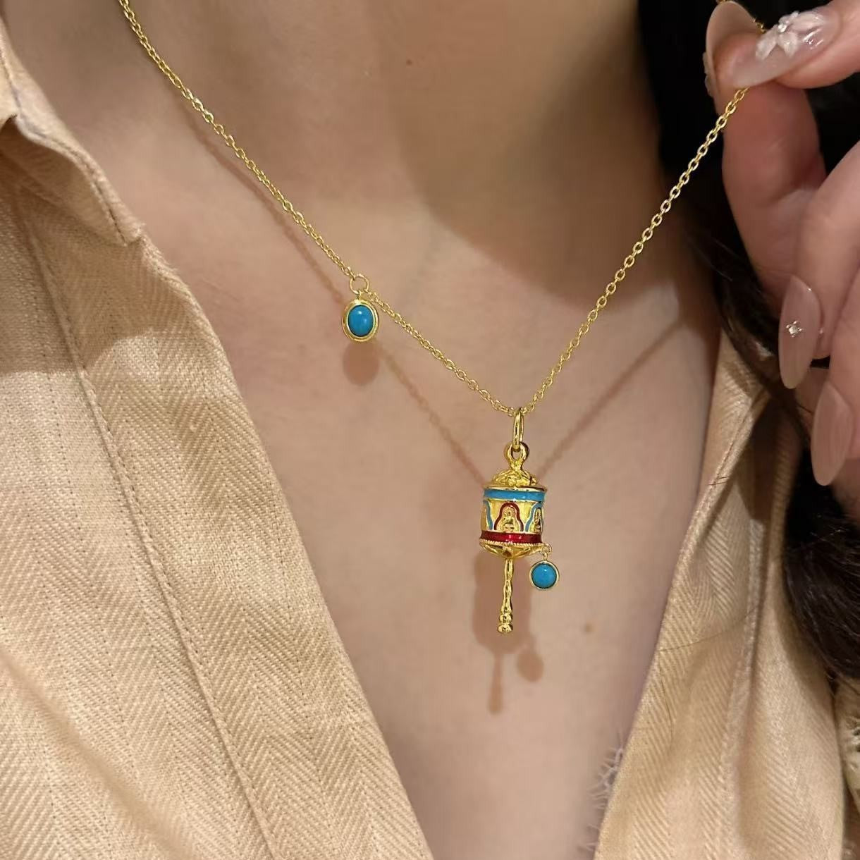 New Chinese Style Enamel Craft Prayer Wheel Necklace Vintage Exquisite Light Luxury Niche Temperament Collarbone Chain