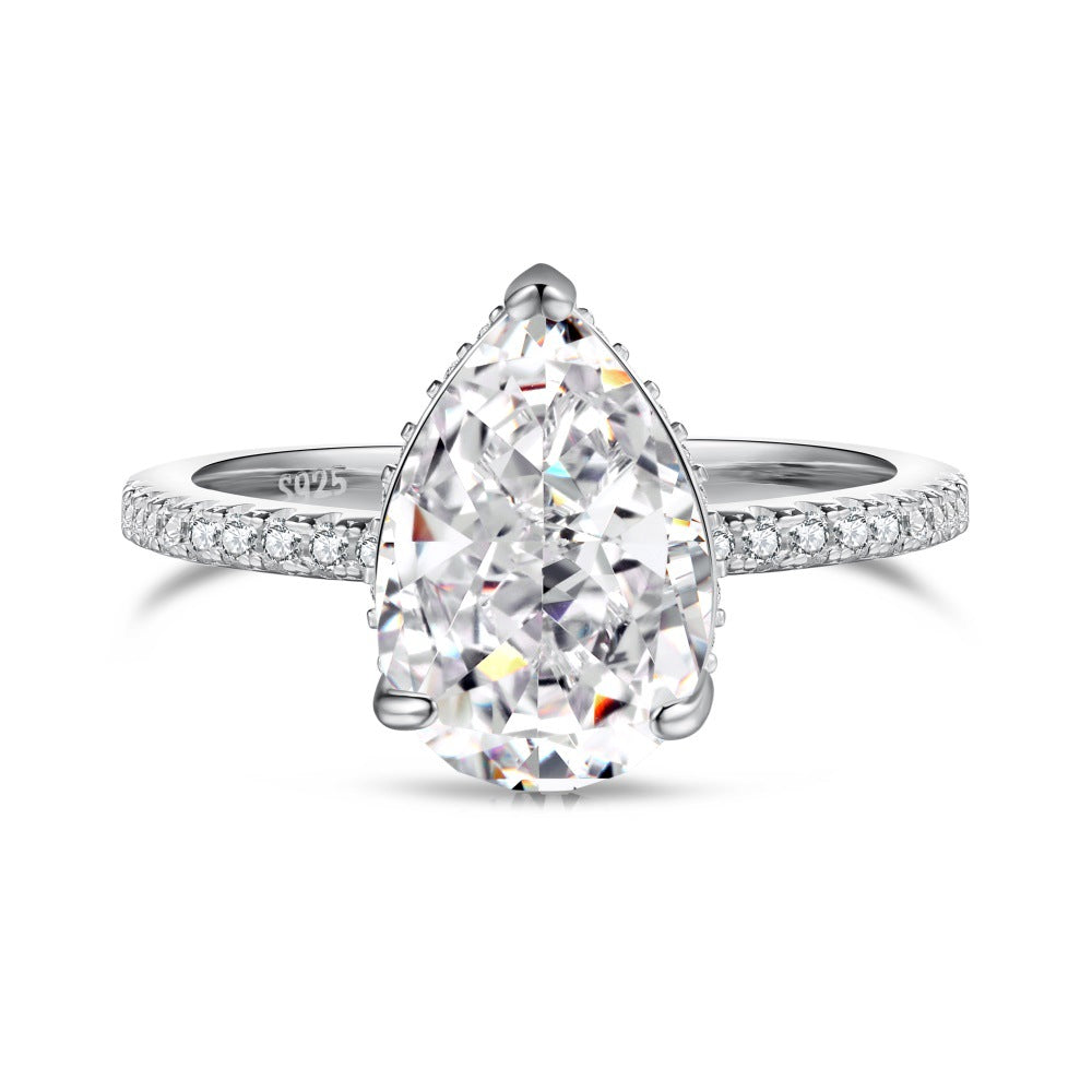 Luxury French Style S925 Sterling Silver Ring for Women with Water Drop Egg-Shaped Zircon Inlay, Exquisite Wedding Ice Flower Cut Women's Jewelry