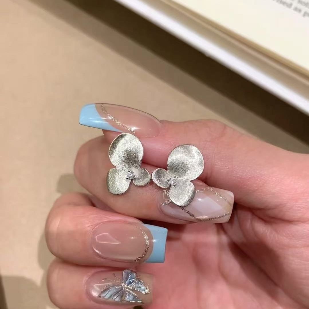 Brushed Craft Lily of the Valley Earrings with Diamonds, Elegant Fashionable Niche Three-Petal Flower, Exquisite Light Luxury Versatile