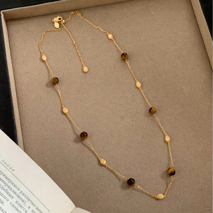 Sterling Silver S925 Brushed Craft Natural Tiger Eye Necklace New High-end Light Luxury Niche Temperament Layered Choker