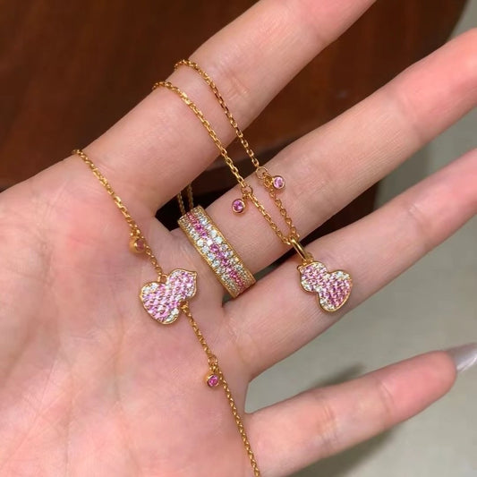 New Dreamy Romantic Pink Gemstone Gourd Necklace Versatile Full Diamond Gourd Bracelet