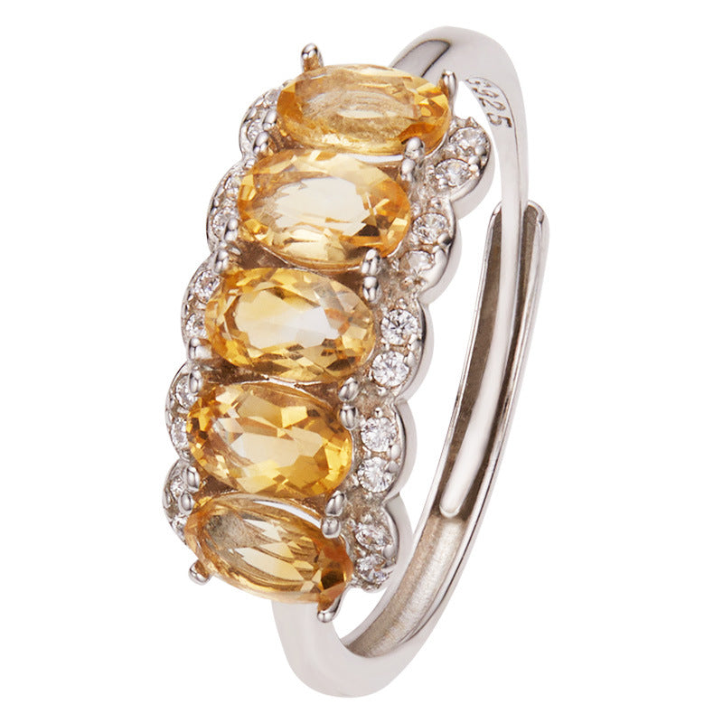 S925 Sterling Silver Natural Yellow Crystal Ring for Women, High-End Sense, Row of Diamonds, Colorful Gemstone Jewelry, Index Finger Ring, Live Streaming Hot Item