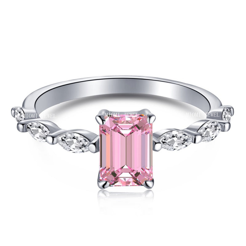 S925 Sterling Silver Ring Inlaid with Pink Water Drop Heart Zircon Ring Row Diamond Ring Pink Diamond Ring
