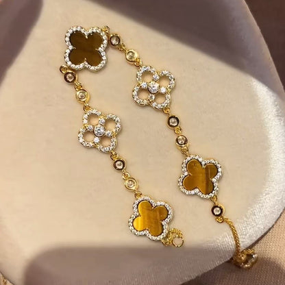 Sterling Silver S925 Tiger Eye Four-Leaf Clover Necklace Earrings Bracelet Set for Women Fashion Versatile Personality Light Luxury High-End Jewelry