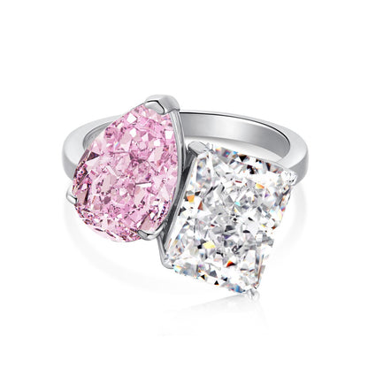 S925 Sterling Silver Double Main Stone Ice Flower Cut Ring for Women Inlaid with High Carbon Diamond Zircon European and American High-end Fashion Wedding Ring