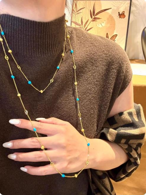 Sterling Silver S925Pig Nose Blue Turquoise Cat Eye Sweater Chain Niche Design Light Luxury High-end Layered Long Collarbone Chain