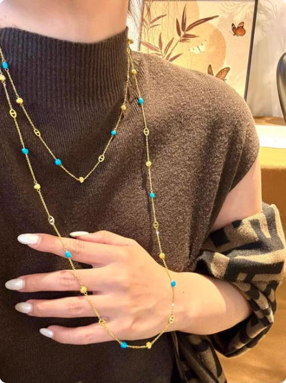 Sterling Silver S925Pig Nose Blue Turquoise Cat Eye Sweater Chain Niche Design Light Luxury High-end Layered Long Collarbone Chain