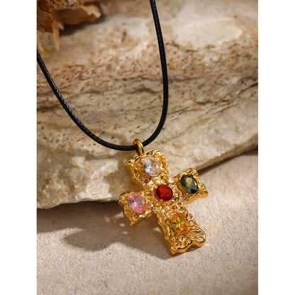 Ins Internet Celebrity Same Style 18K Gold Stainless Steel + Wax Cord + Colorful Zircon/Hammered Cross Zircon Necklace