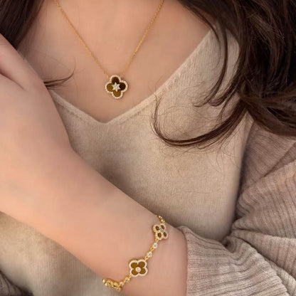 Sterling Silver S925 Tiger Eye Four-Leaf Clover Necklace Earrings Bracelet Set for Women Fashion Versatile Personality Light Luxury High-End Jewelry