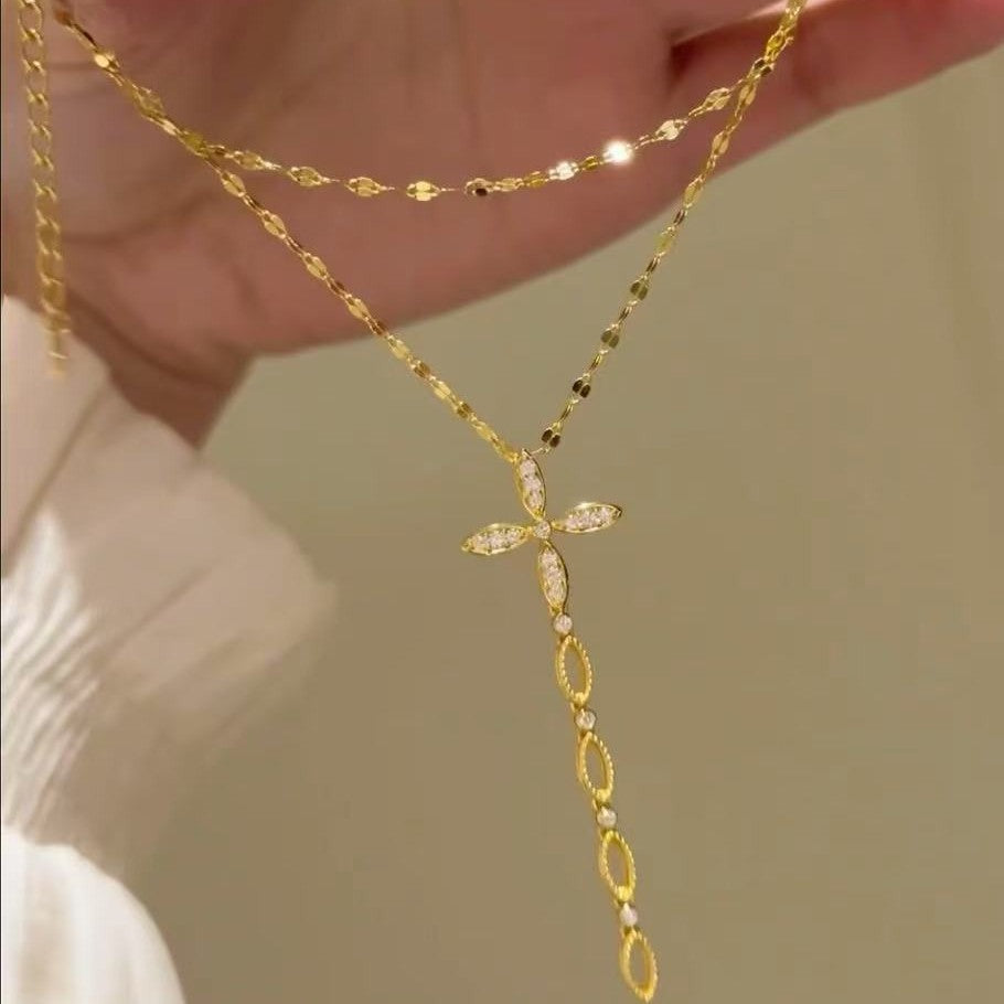 Pure Silver S925 High Carbon Diamond Cross Tassel Necklace High Aesthetic Versatile