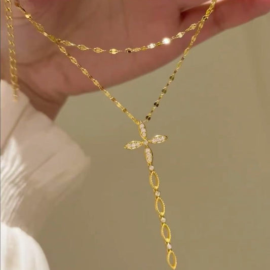 Pure Silver S925 High Carbon Diamond Cross Tassel Necklace High Aesthetic Versatile