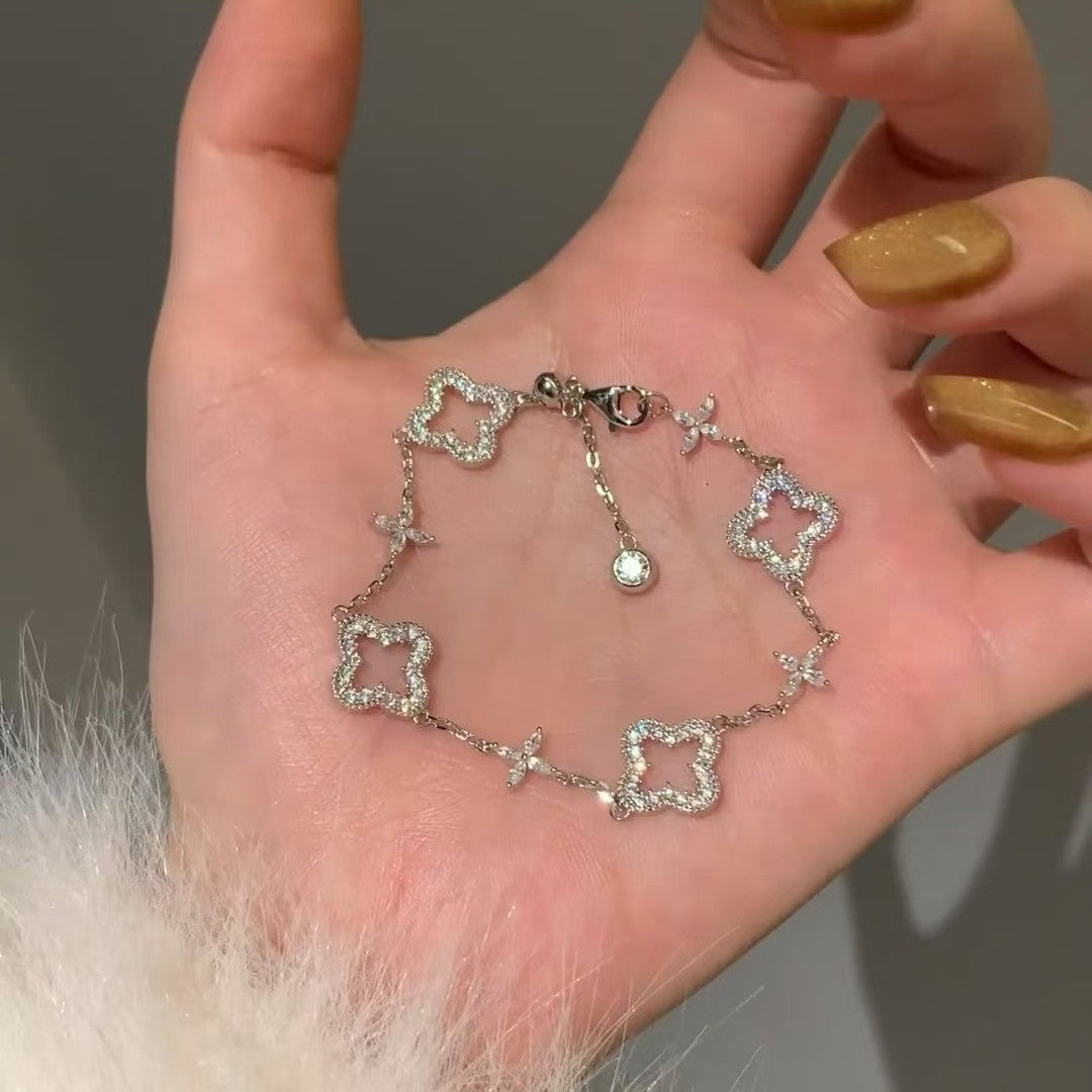 S925 Sterling Silver Hollow Four-Leaf Clover Cross Zircon Bracelet Starry Sky Flower Inlaid Diamond Niche Fashion Versatile