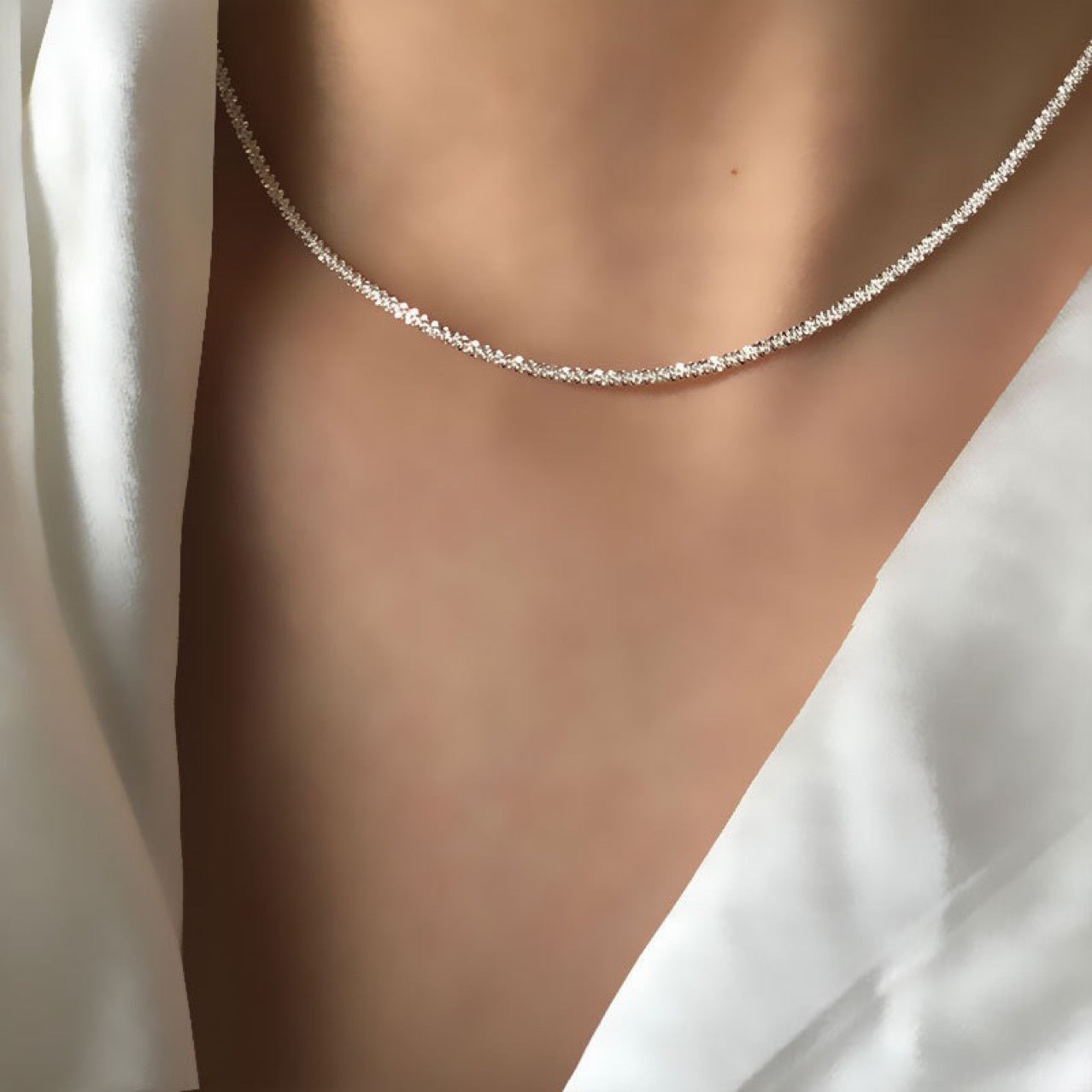 Korean Version Pure Silver S925 Sparkling Italian Flash Plain Chain Bare Minimalist Style Necklace for Women Trendy Fashion Personality