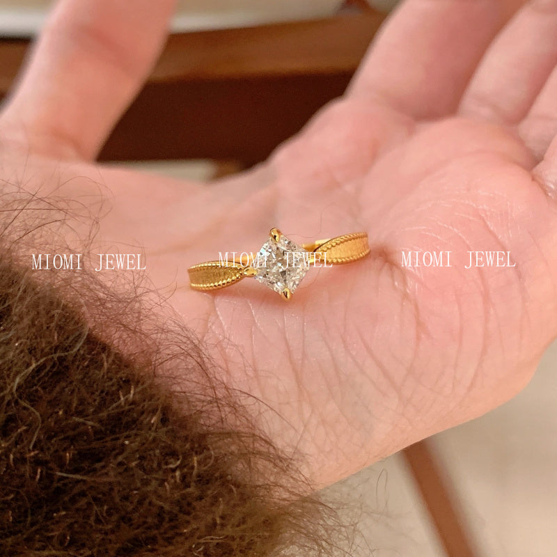 S925 Sterling Silver Sweet Princess Sugar Cube Square Diamond Brushed Diamond Ring Exquisite Niche Light Luxury High-end Small Square Diamond Ring