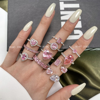 S925 Sterling Silver Ring Inlaid with Pink Water Drop Heart Zircon Ring Row Diamond Ring Pink Diamond Ring