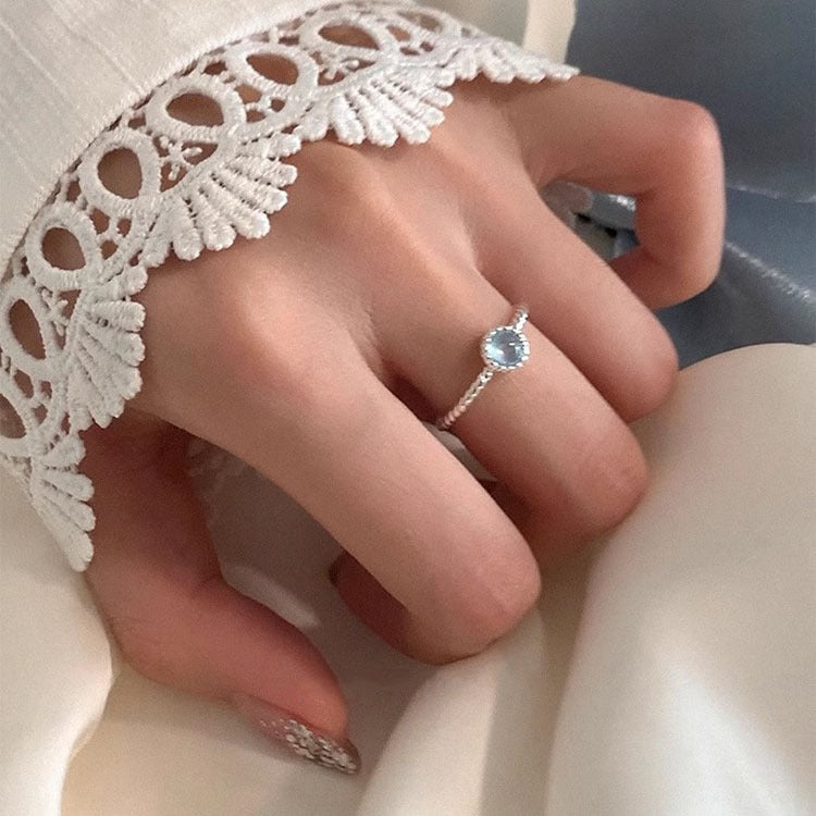 S925 Sterling Silver Natural Aquamarine Ring for Women Braided Round Ring