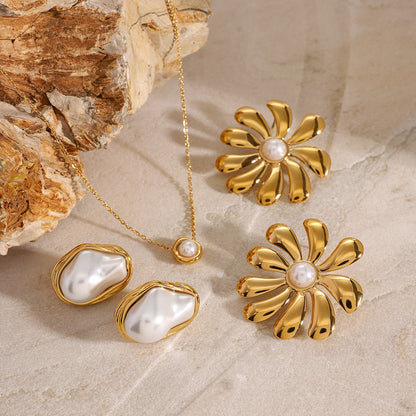 Stainless Steel Pearl Necklace High-End Niche Ring Exaggerated Earrings Titanium Steel Set Accessories