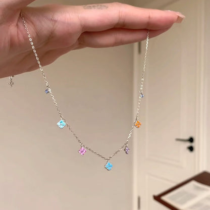 925 Sterling Silver Summer Dopamine Colorful Four-Leaf Clover Necklace Light Luxury Niche Colorful Flower Collarbone Chain