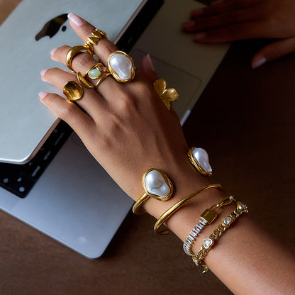 Imitation Baroque Pearl Ring Titanium Steel Non-Fading Open Bracelet High-End Stainless Steel Jewelry for Women