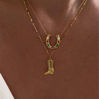 Stainless Steel gold Lucky Horseshoe U-Shaped Necklace Rainbow Element Kaleidoscope Lucky Symbol Inlaid Diamond Collarbone Chain for Women Color Retention