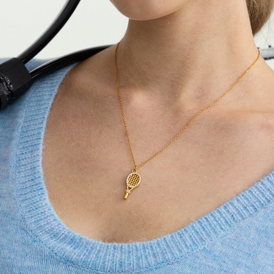 Stainless Steel Zircon Tennis Racket Pendant Necklace Light Luxury High-end Neck Chain Titanium Steel Jewelry for Women