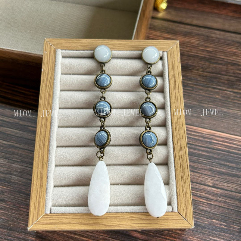 Vintage Multi-layer Natural Stone Original Design Retro Blue Vein Stone Double-sided Bead Necklace and Earring Set
