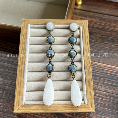Vintage Multi-layer Natural Stone Original Design Retro Blue Vein Stone Double-sided Bead Necklace and Earring Set
