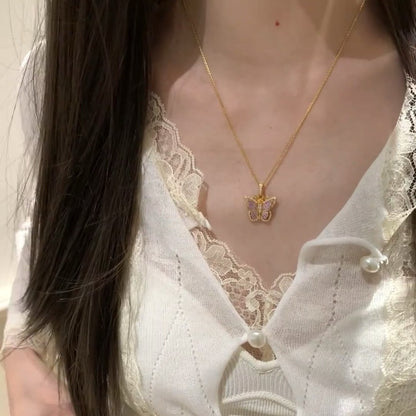 Pure Silver S925 Ancient Gold Plated Enamel Craft Large Butterfly Necklace Nine Purple Fire Medieval Style