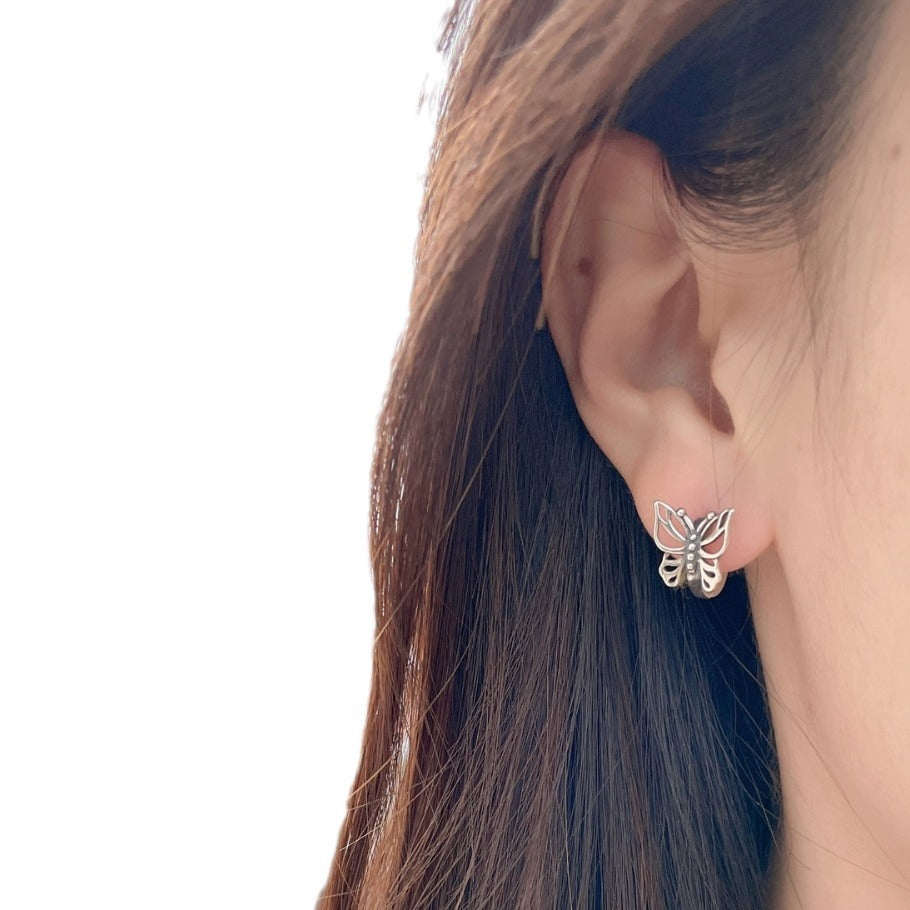 Pure Silver S925 Hollow Butterfly Earrings Light Luxury Elegant Small Earrings Vintage Daily Commute Ear Jewelry