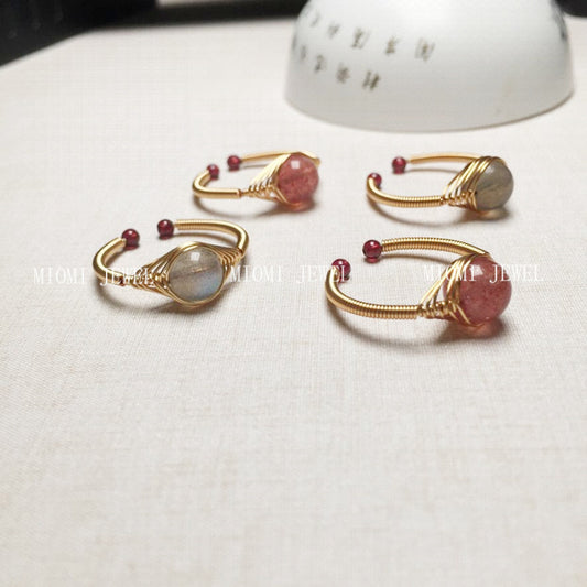 Crystal Ring 14K Gold-Filled Wire Wrapped Handmade Ring Labradorite Blood Red Strawberry Quartz Ring