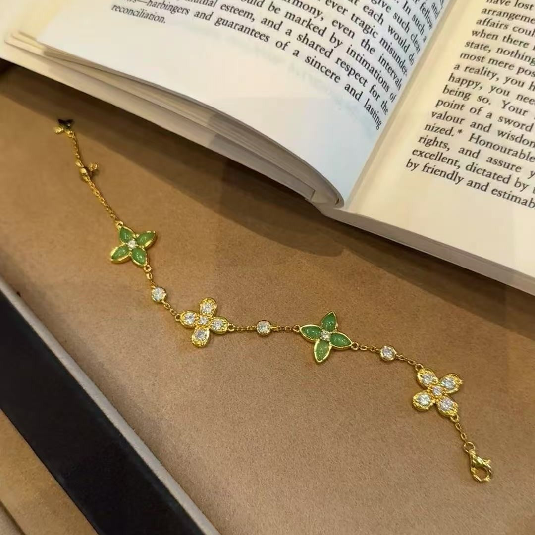 New Chinese Style Green Chalcedony Four-Leaf Clover Bracelet High-End Fresh Light Luxury Niche Temperament Jewelry