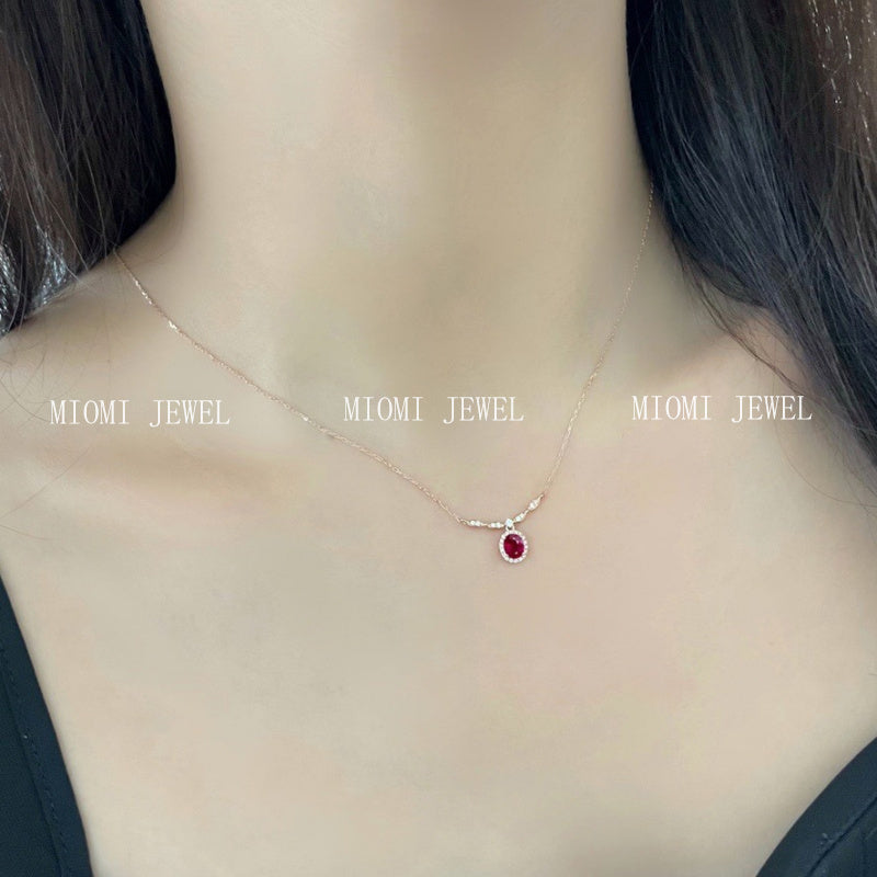 S925 Sterling Silver Pigeon Blood Ruby Pendant Necklace for Women, Niche Light Luxury, Rich Family Style, Evening Accessories, Collarbone Chain