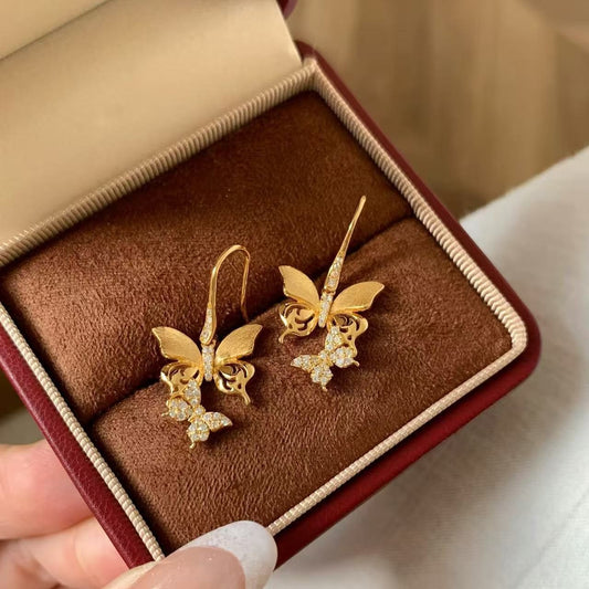 Sterling Silver S925 Brushed Craft Butterfly Earrings Light Luxury Retro Niche Design Exquisite Versatile Elegant New Earrings