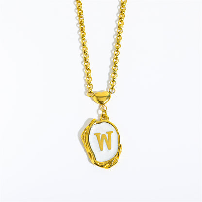 Titanium Steel 26 Letters Gold Medal Necklace Oil Drop Three-Dimensional Character Pendant Holiday Style Oyster Shell Clavicle Chain for Women