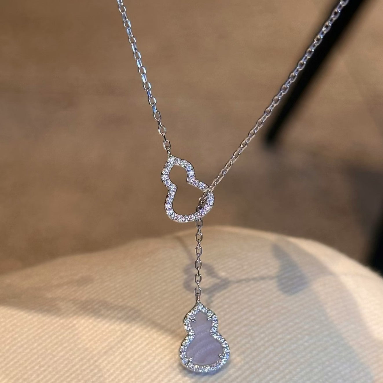 S925 Sterling Silver Natural Purple Chalcedony Double-Sided Gourd Necklace Light Luxury Fashion High-End Clavicle Chain Simple Versatile