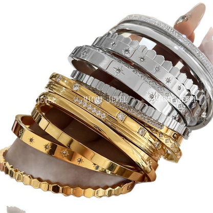 Non-Fading Multiple Styles Diamond-Studded Plain Hoop Bracelet Vacation Style Eight-Pointed Star Waterproof Stackable Stainless Steel Jewelry