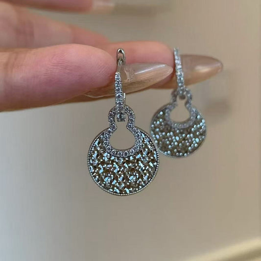 Pure Silver S925 CNC Craft Ice Crushed Gourd Earrings Light Luxury High-end Socialite Elegant Chanel Style Earrings